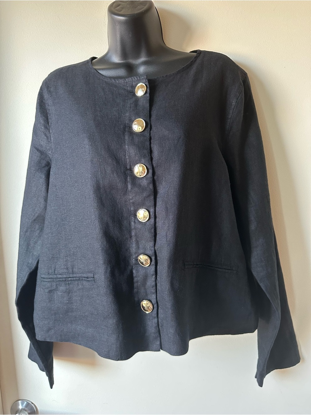 NWT H by Halston Black 100% Linen Jacket with Gold Buttons Size :L